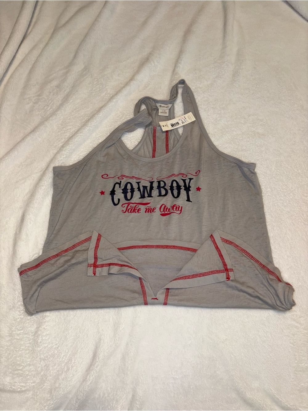 Cowboy Take Me Away Grey Graphic Tank with Red Accents